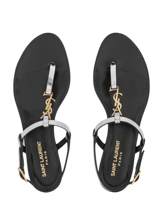 Saint Laurent Shoes - Saint Laurent Cassandra Patent Leather YSL Logo Thong Sandals Silver Black 36.5